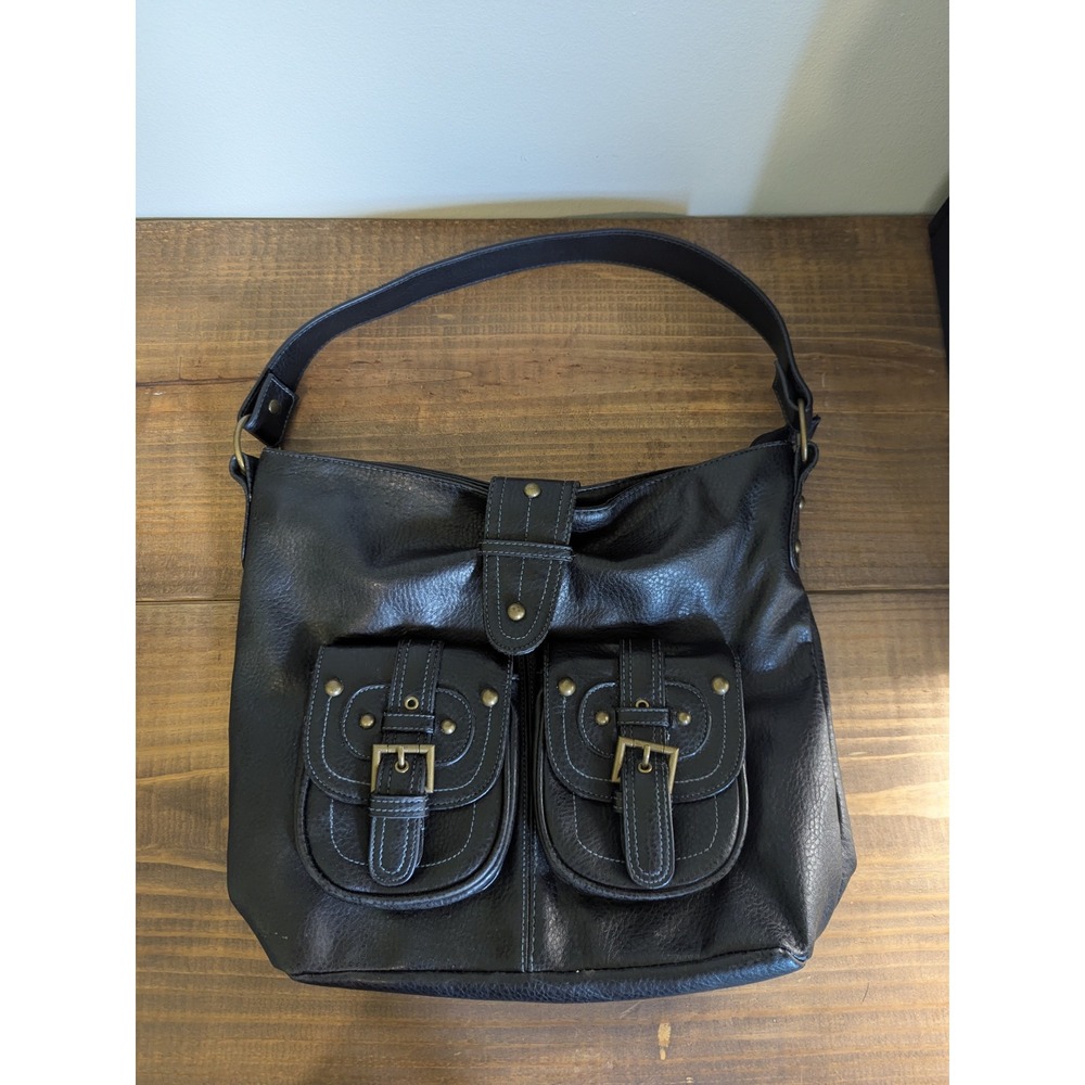 Vintage‎ Black Faux Leather Shoulder Bag Purse with Buckled Pockets Trendy